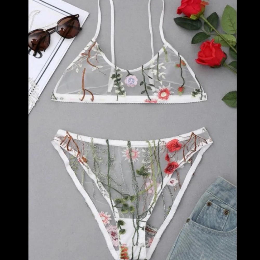 Embroidered Mesh Floral Lingerie Set